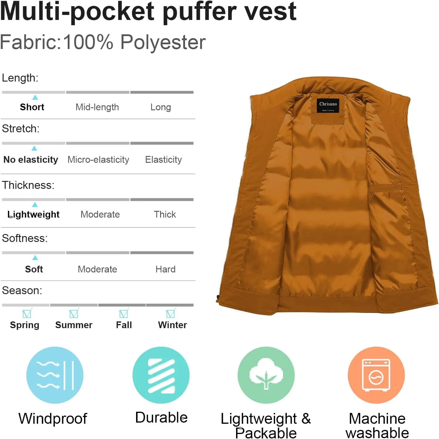 Chrisuno Men's Puffer Vest Casual Stand Collar Quilted Waistcoat Outdoor Padded Ski Vest