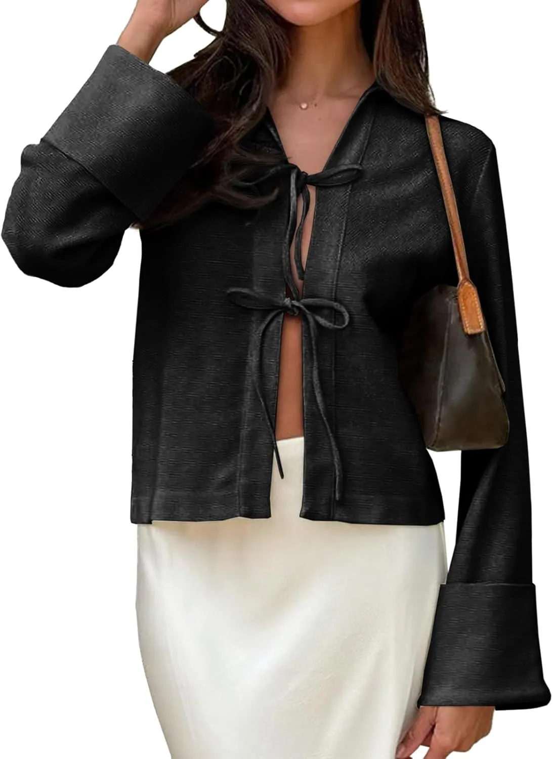 Cicy Bell Womens Going Out Tops Cute Tie Front Tops Bell Long Sleeve Bow Shirts Summer Blouses