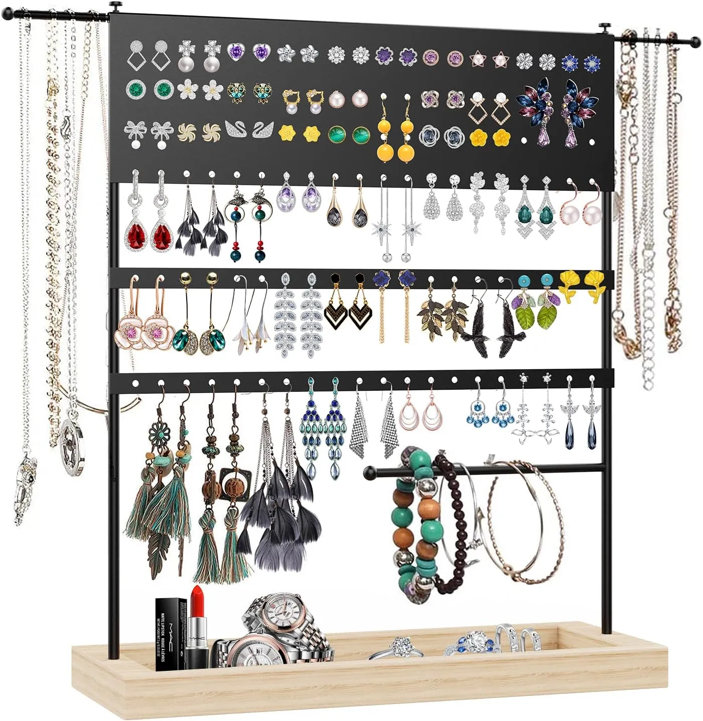 Earring Organizer Holder,Jewelry Stand Holder with Wooden Tray,3-Tier Ear Stud stand with Necklace Holder,Jewelry Organizer for Earrings Ear Stud Necklaces and Bracelets(Black) 