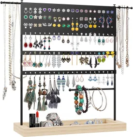 Earring Organizer Holder,Jewelry Stand Holder with Wooden Tray,3-Tier Ear Stud stand with Necklace Holder,Jewelry Organizer for Earrings Ear Stud Necklaces and Bracelets(Black) 