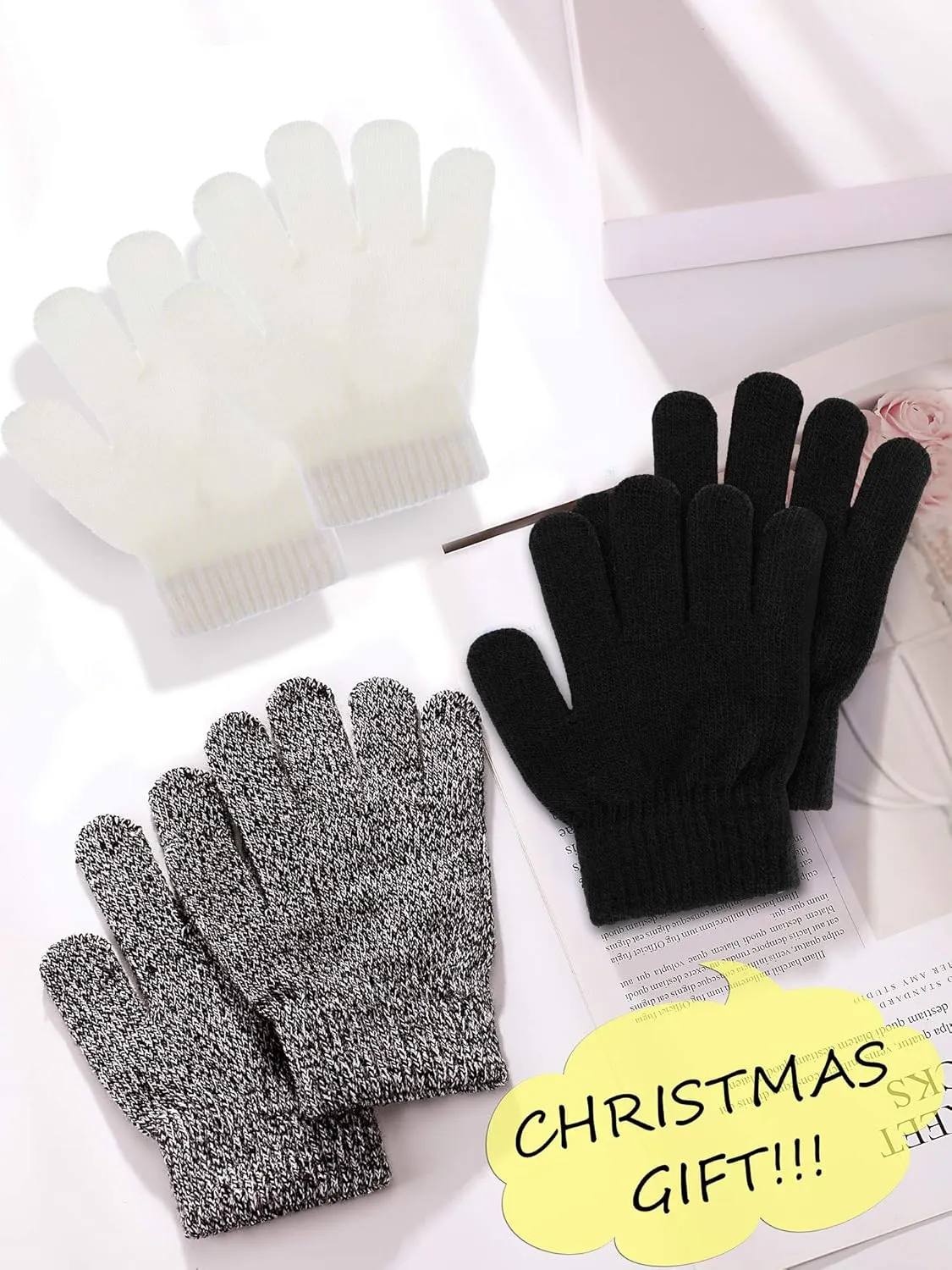 EBOOT 3 Pairs Kids Winter Knit Gloves Stretchy Full Finger Fluffy Mittens for Toddler Boys Girls 1-11 Years