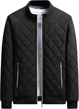 Men's High Neck Diamond Quilted Jacket Fleece Lined Thermal Padded Jackets Winter Full Zipper Bomber Outwear