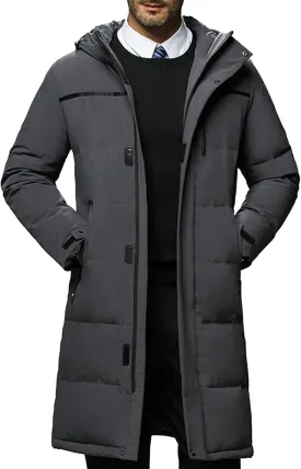 Men's Long Winter Warm Down Coats Padded Hood Puffy Quilted Jacket Insulated Heavyweight Hooded Coat