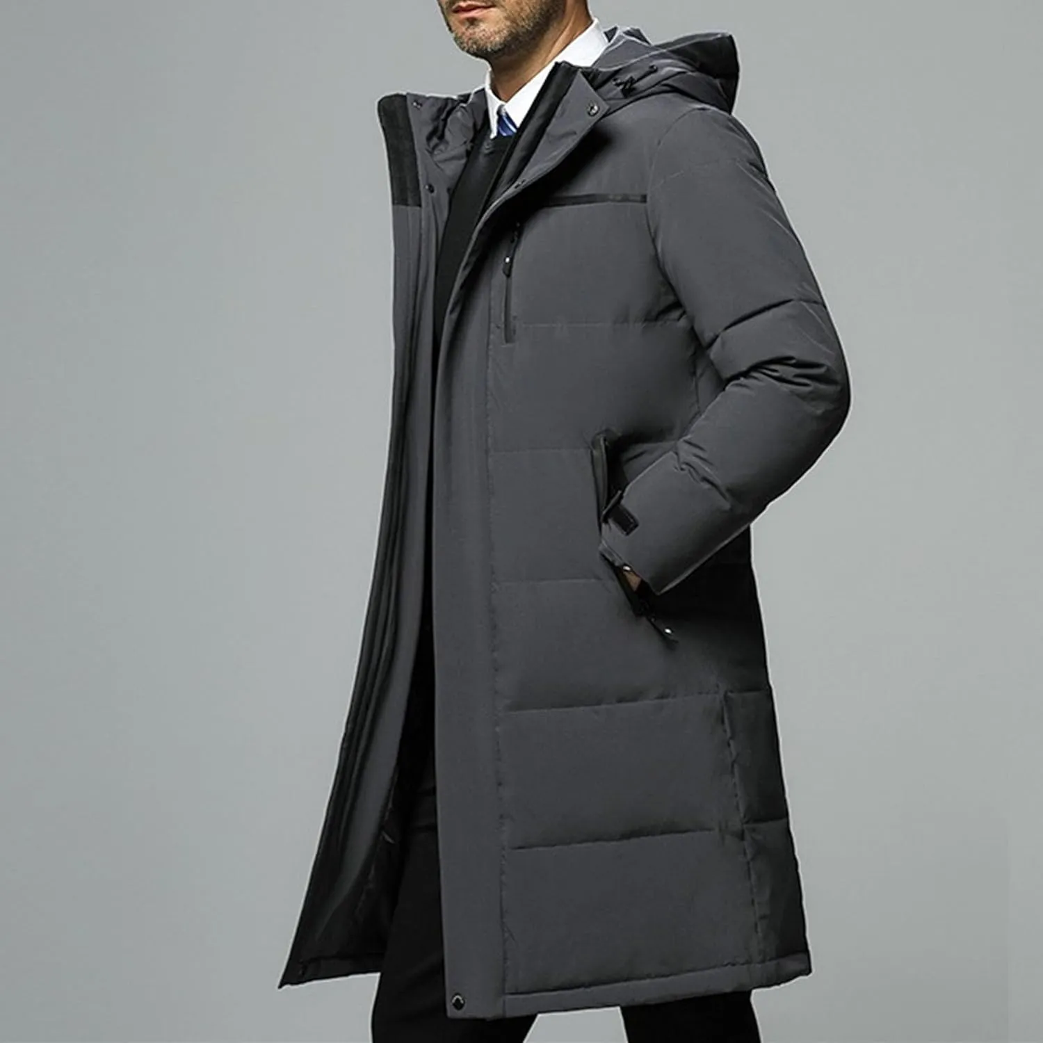 Men's Long Winter Warm Down Coats Padded Hood Puffy Quilted Jacket Insulated Heavyweight Hooded Coat