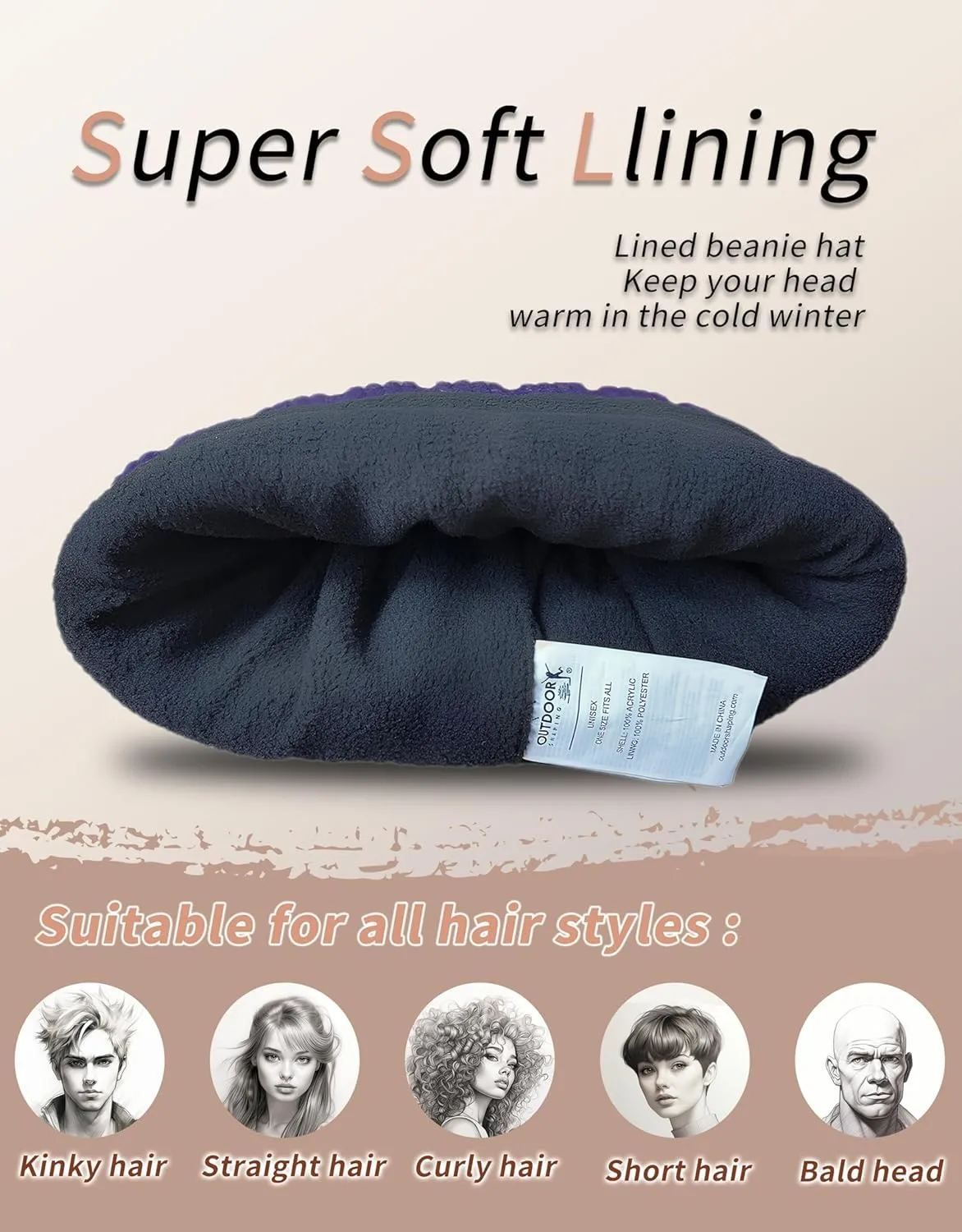 OUTDOOR SHAPING Fleece Lined Knit Cuffed Beanie Winter Hats for Women Men Soft Ski Skull Cap