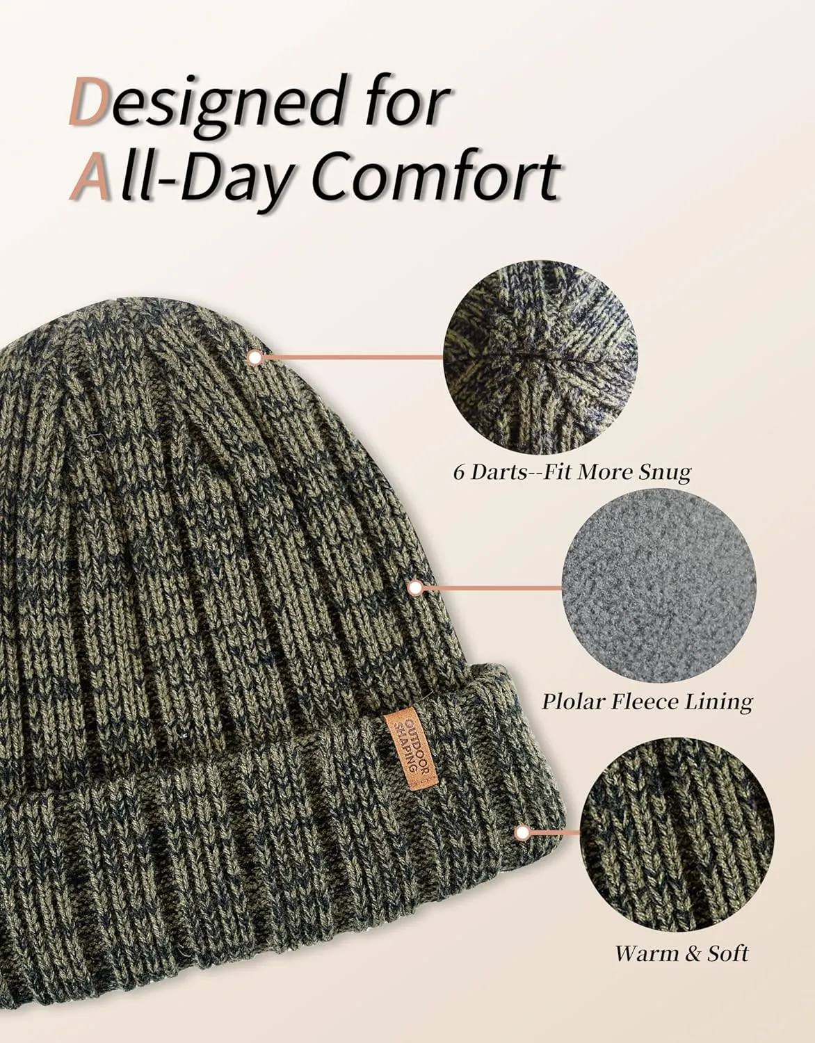 OUTDOOR SHAPING Fleece Lined Knit Cuffed Beanie Winter Hats for Women Men Soft Ski Skull Cap