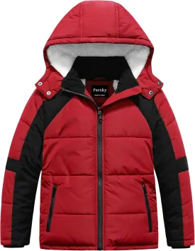 Pursky Boy's Warm Winter Coat Water Resistant Sherpa Outerwear Puffer Jackets With Removable Furry Hood
