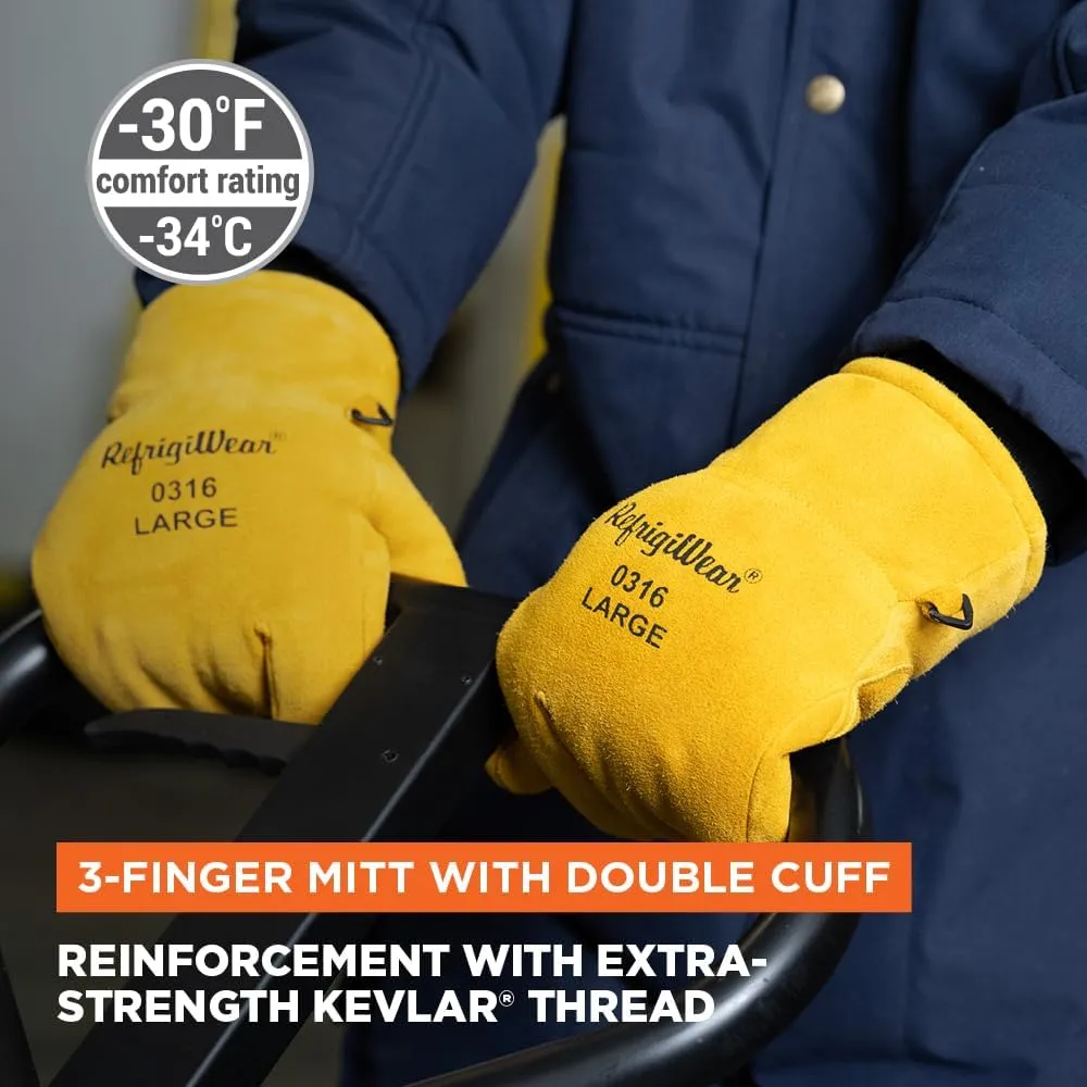 RefrigiWear 3-Finger Heavy Duty Insulated Leather Mitt Work Glove with Double Cuff