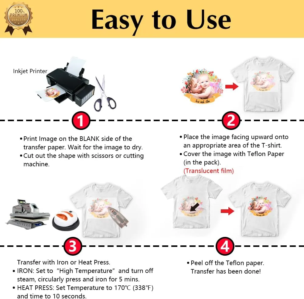 TransOurDream Upgraded Iron on Heat Transfer Paper for T Shirts (20 Sheets, 8.5x11") Iron on Transfers for Light Fabric Printable Heat Transfer Vinyl for Inkjet Printer (TOD-4)