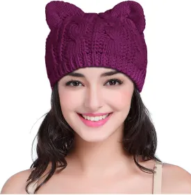 v28 Women Men Girls Boys Teens Cute Cat Ear Knit Cable Rib Hat Cap Beanie