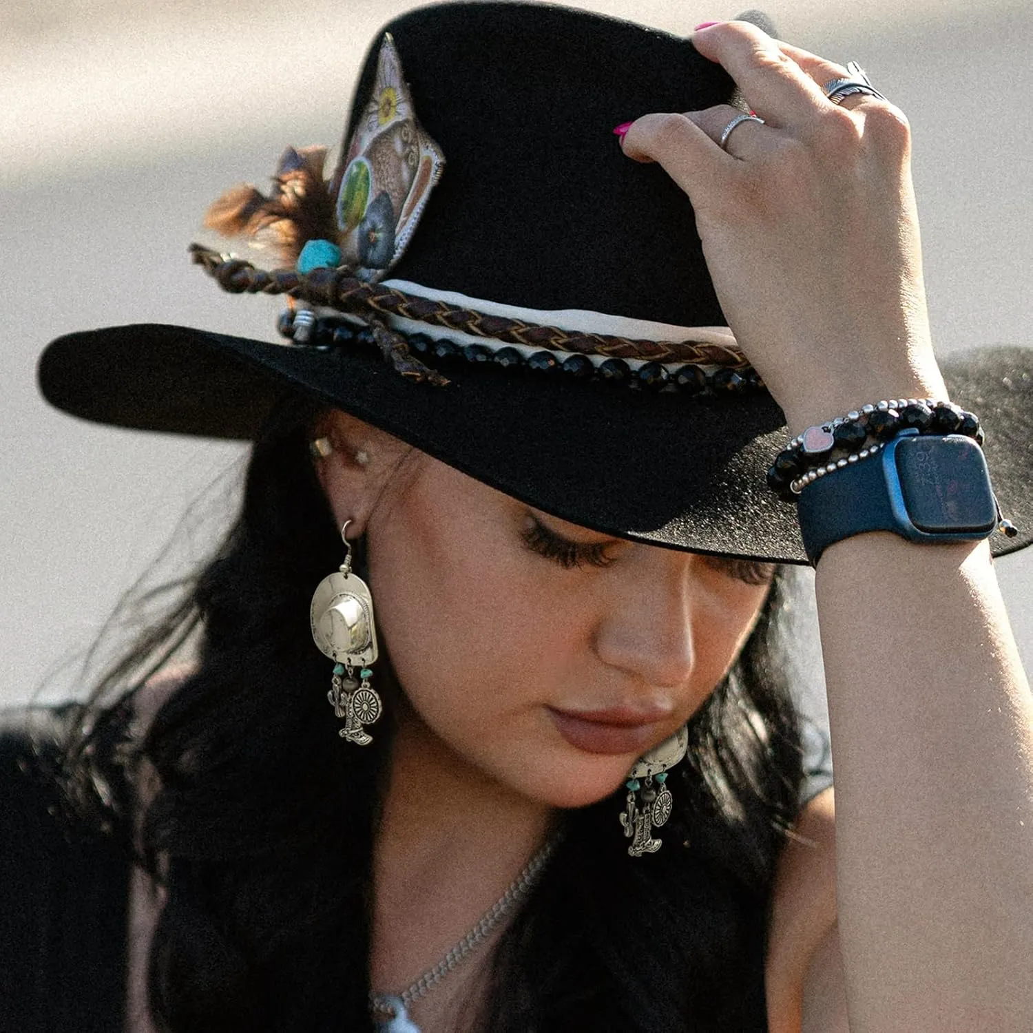 Vintage Western Big Cowboy Hat Earrings for Women, Turquoise Cactus Navajo Pearl Boots Boho Country Concert Outfit Concho Drop Dangle Earrings