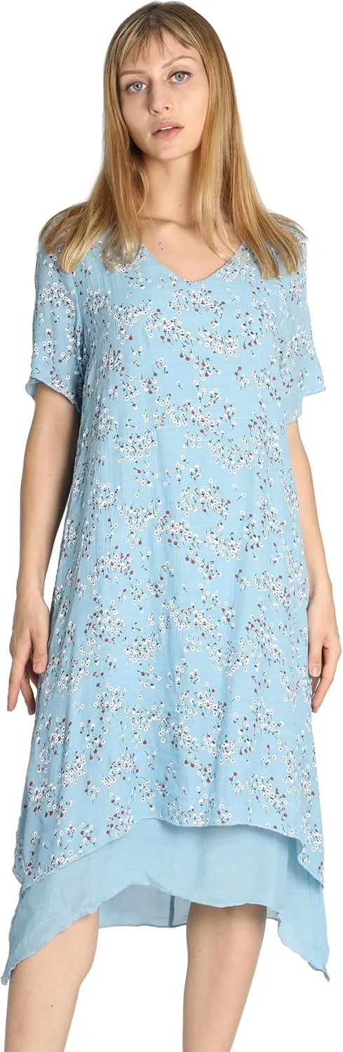 Women Casual Boho Floral Print Layers Cotton Linen Dress Irregular Bottom Loose Sundress