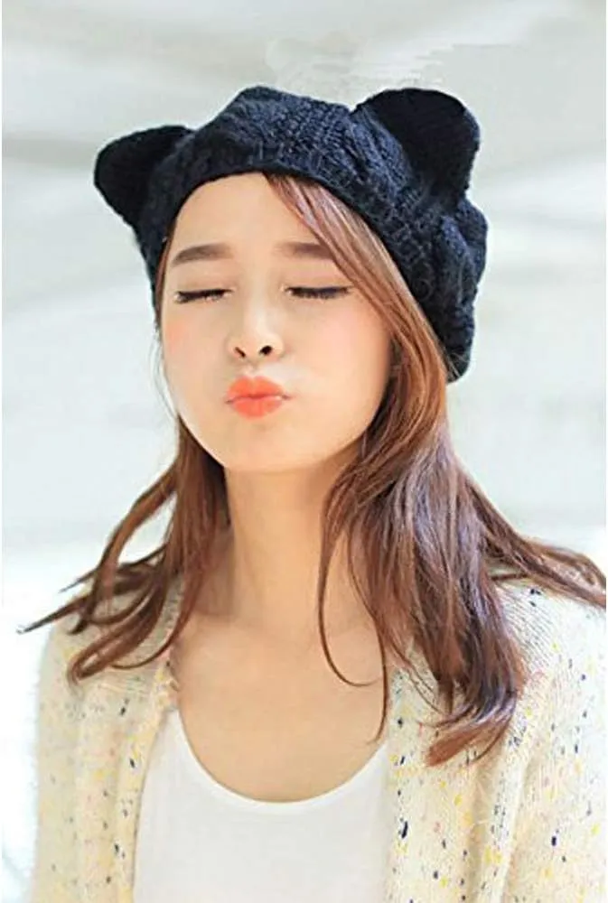 Women Girls Boys Teens Cute CAT Kitty Ears Hats, Winter Warm Woollike Knitted Crochet Christmas Ski Beanie Headgear