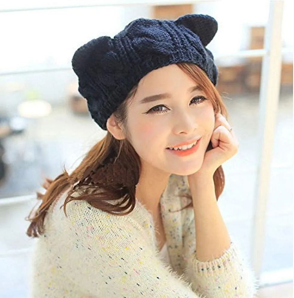 Women Girls Boys Teens Cute CAT Kitty Ears Hats, Winter Warm Woollike Knitted Crochet Christmas Ski Beanie Headgear