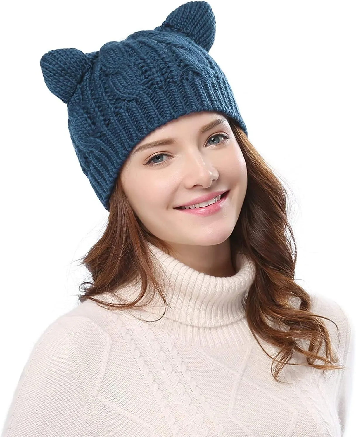 Women Girls Boys Teens Cute CAT Kitty Ears Hats, Winter Warm Woollike Knitted Crochet Christmas Ski Beanie Headgear