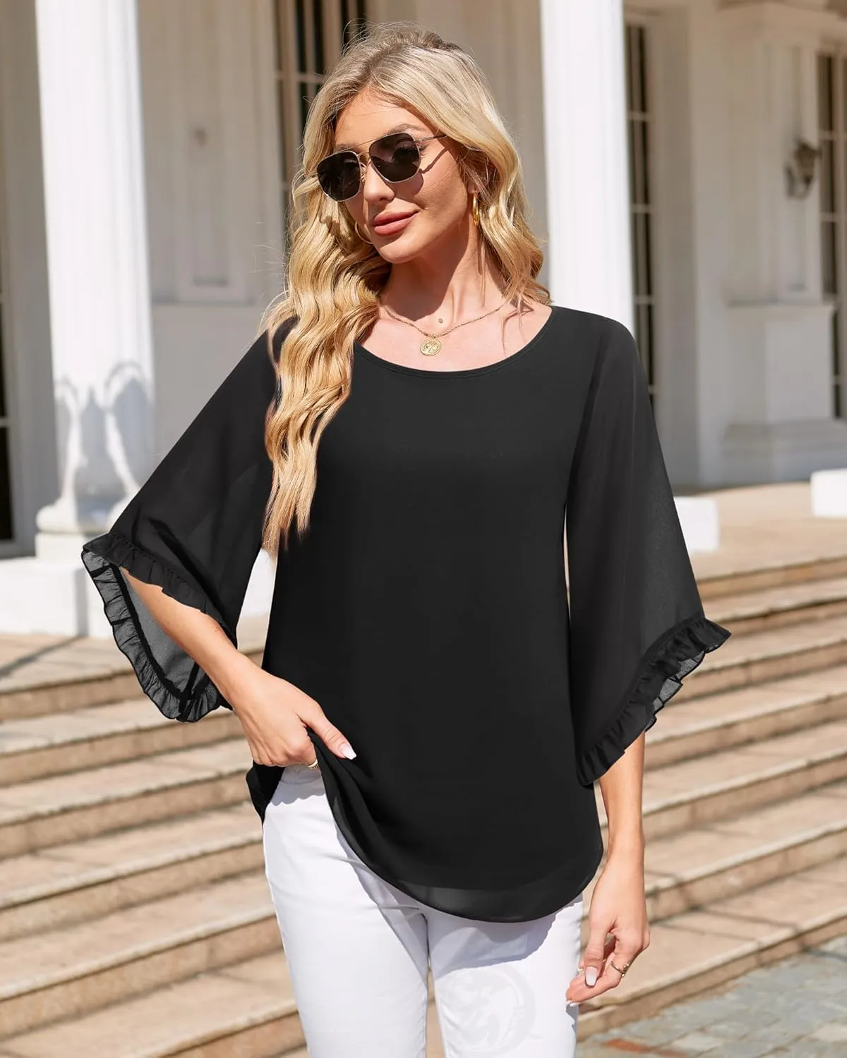 Women's 3/4 Ruffle Sleeve Blouse Tops Double Layers Flowy Shirts Elegant Chiffon Blouses