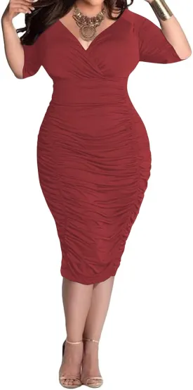 Yajedo Women's Plus Size Bodycon Sexy V Neck Short Sleeve Ruched Cocktail Midi Dresses