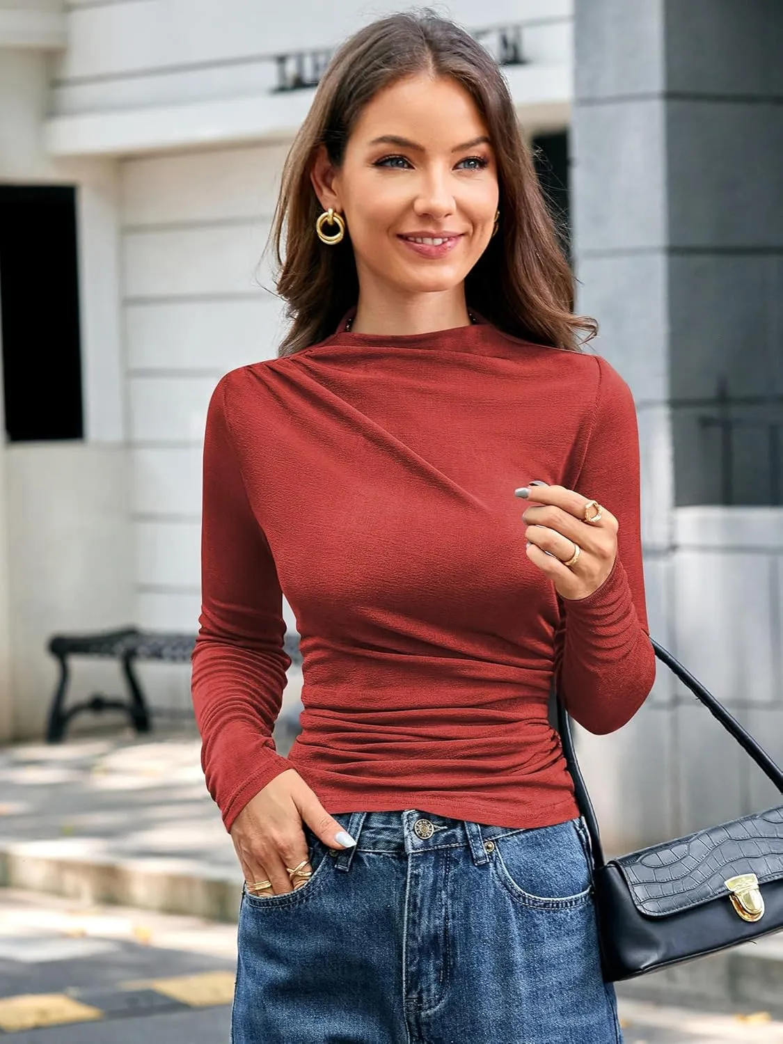 ZAFUL Womens 2024 Fall Long Sleeve Ruched Tops Mock Neck Trendy Blouses Casual Tight Shirts
