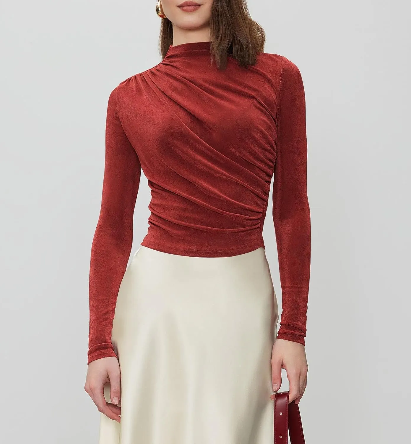 ZAFUL Womens 2024 Fall Long Sleeve Ruched Tops Mock Neck Trendy Blouses Casual Tight Shirts